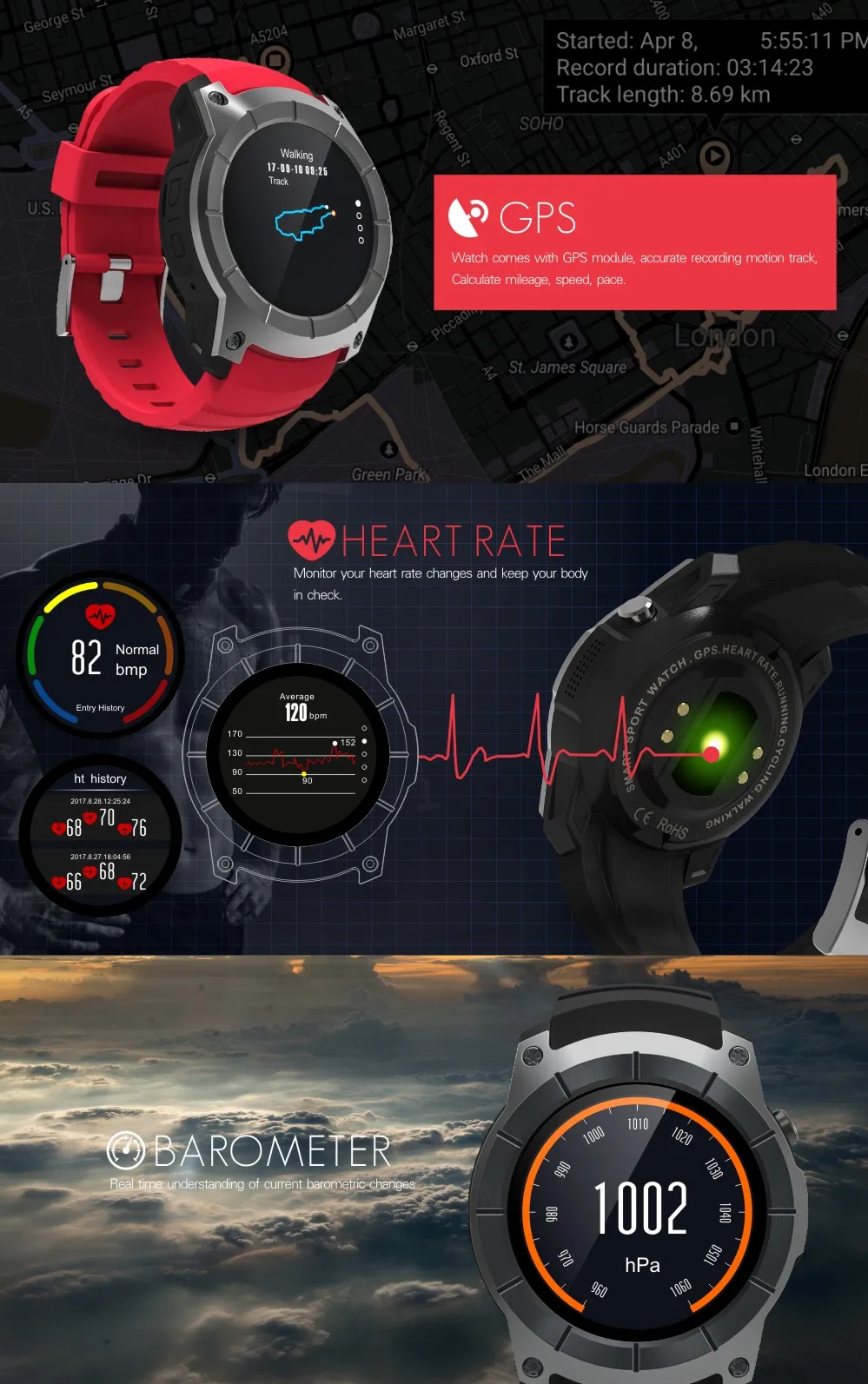 Фитнес-трекер gps Смарт-часы S958 шагомер мониторинг сердечного ритма кровяное давление кислород для IOS Android huawei Xiao Mi Band 3