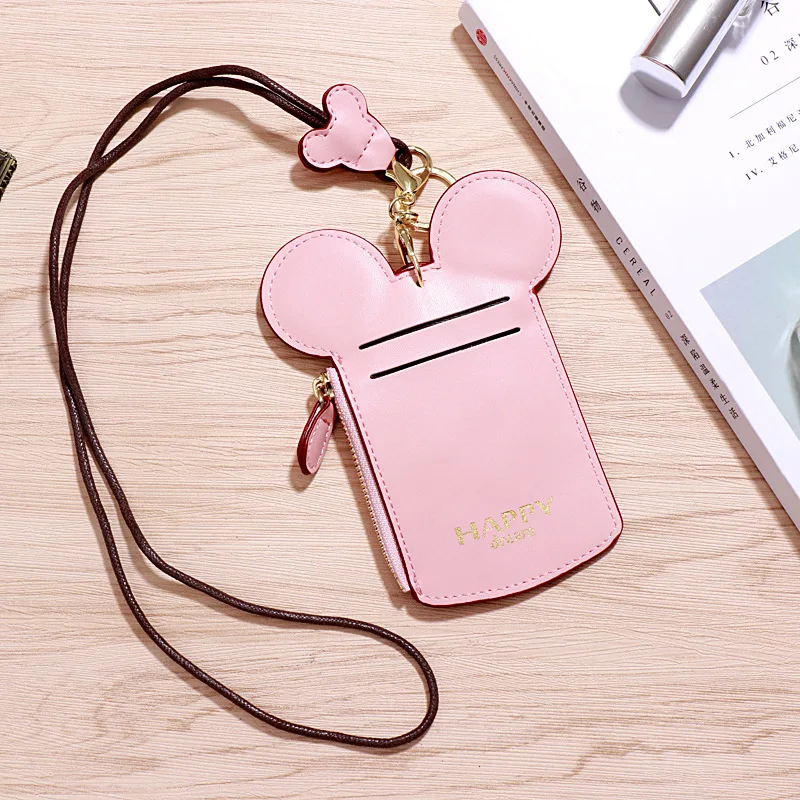 Pink Милый мультяшный брелок для ключей с Минни Маус, парный рабочий держатель для карт, паспорта, мини кожаный чехол с Микки Маусом, PU кошелек, набор карт, очаровательный подарок - Цвет: Pink