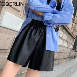 Qoerlin XS 2XL preto couro bermuda shorts feminino com bolsos cintura elástica alta solta perna larga falso feminino pu shorts mais tamanho