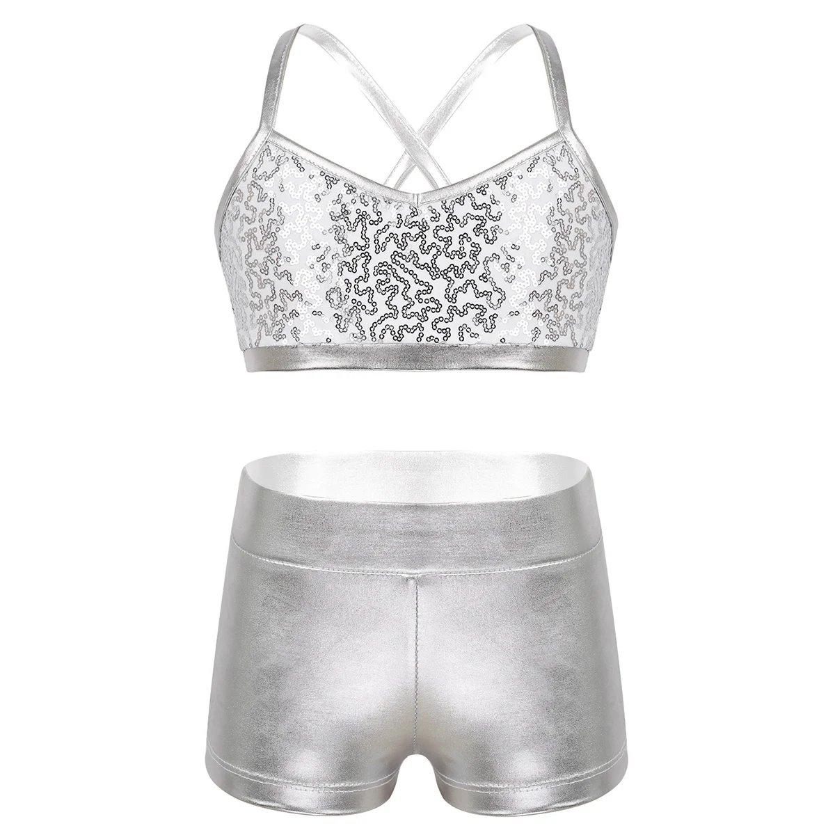 

Kids Girls Jazz Ballet Dance Costume Workout Gymnastics Outfit Sleeveless Shiny Sequins Tank Crop Top With Shorts Tankini Set