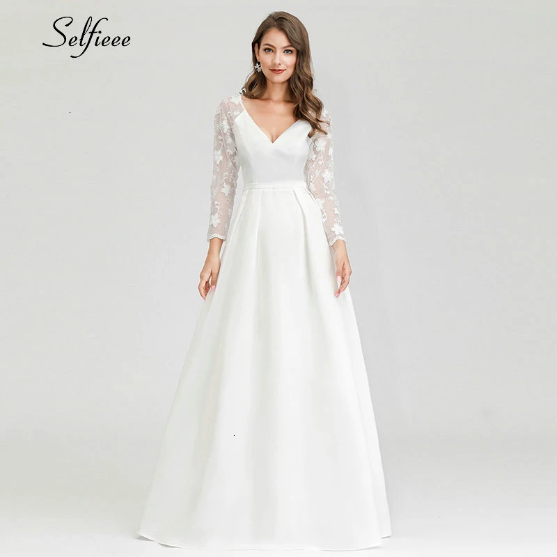 

Elegant White Dress V-Neck Full Sleeve Floral Lace See-through Long Party Dress Autumn A-Line Slim Formal Women Dress Vestido