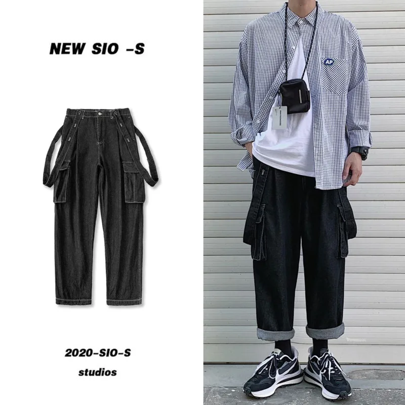 

Jean Overalls Men's Fashion Casual Retro Straight Jeans Men Streetwear Wild Loose Hip Hop Black Denim Trousers Mens M-2XL