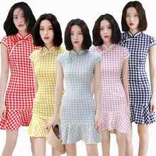 Летний Стиль, модное сексуальное ретро короткое хлопковое льняное клетчатое хипстерское платье с рыбьим хвостом