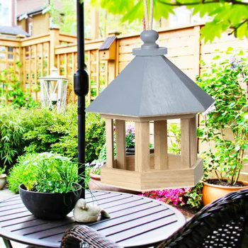 Jaula de madera para pájaros, alimentador de pájaros colgante para decoración de jardines, en forma de hexágono con techo