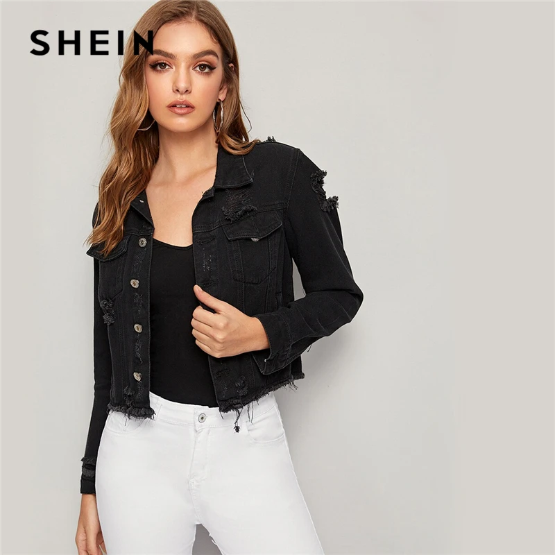 SHEIN черный Error source необработанный край джинсовая куртка пальто для женщин весна осень однобортный уличная одежда с длинным рукавом повседневные куртки