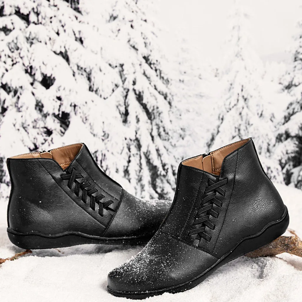 

2019 Women PU Leather Ankle Boots Women Autumn Winter Cross Strappy Vintage Women Punk Boots Flat Shoes Woman Botas Mujer #3