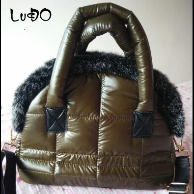 LUCDO Brand Luxury Handbag New Winter Woman Warm Space Cotton Shell Bags Designer Rabbit Fur Bag Ladies Jacket Shoulder Bag - Цвет: Khaki Green