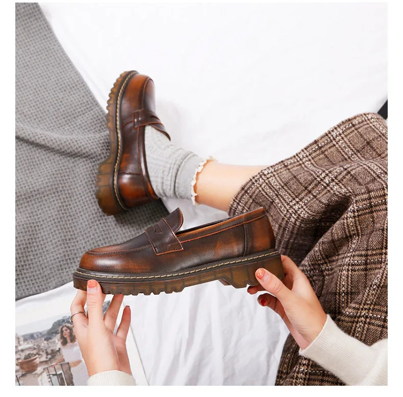 CEVABULE British Women's Leisure Single Shoes Japan College Lefu Shoes Low-heeled Small Shoes Women's Shoes Leather FJM FJM