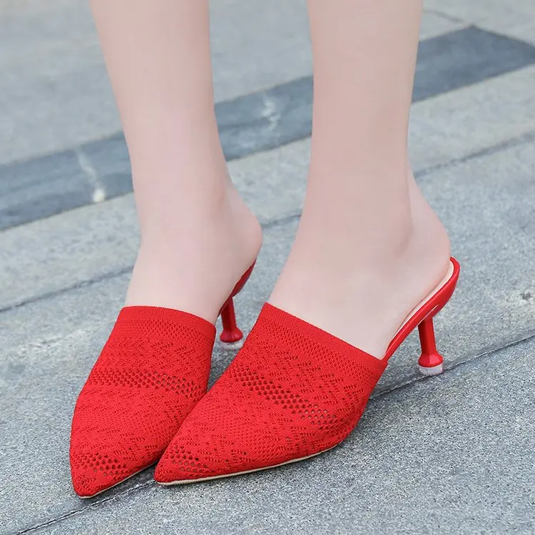 

Women Shoe2019 New Style Pointed-Toe High Heel Shoes Thin Heeled Women's Closed-toe ban tuo xie Retro Fly-kit Mesh Lou