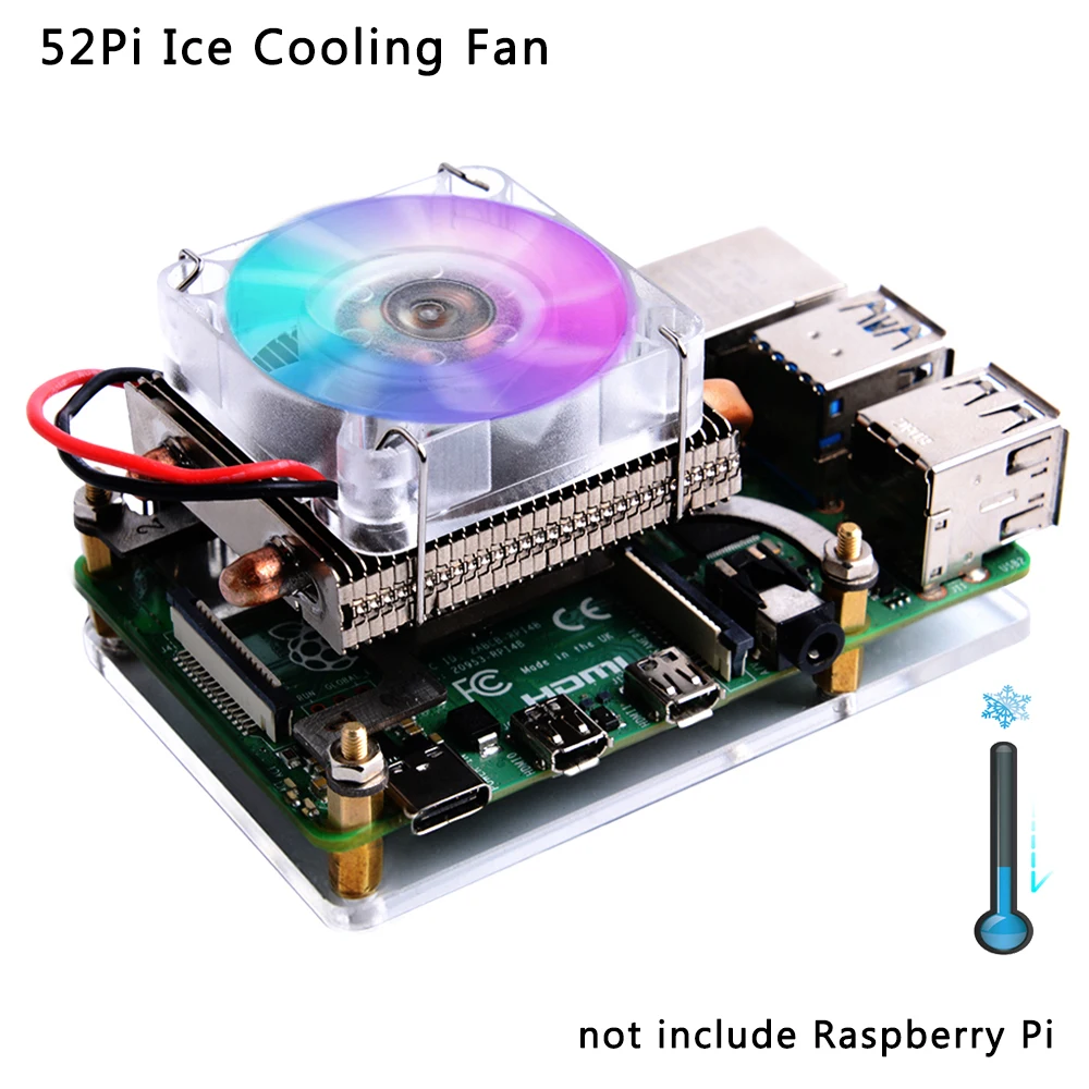 52Pi Ice Tower Cooling Fan 7 Color RGB LED Light With Acrylic Base Case for Raspberry Pi 4 Model B / 3B+ / 3B