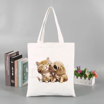 

Cute Animals Cats and Dogs Women Foldable Canvas Book Bag Canvas Tote Eco Shopping Bag Canvas Tote Bag Casual HandBag Daily Use