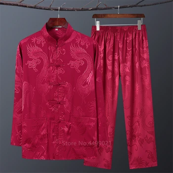 

10Color New Year Clothing for Adult Men Red Embroidery Dragon Spring Festival Hanfu Dance Costume Long Sleeve Top+Pant Set