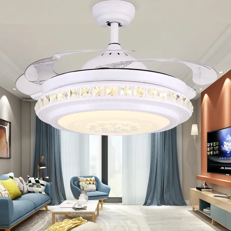 

Modern Ceiling Fan 220V Crystal LED Fans 42 inch Remote Control Acrylic Fans Led Lights Office Dining Room Bedroom White
