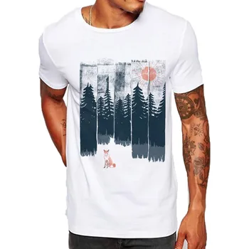 

Hipster Men T Shirt Slim Fit Graphic Tee Funny Fox Forest Tree gym Print T-Shirts Casual White Tops streetwear