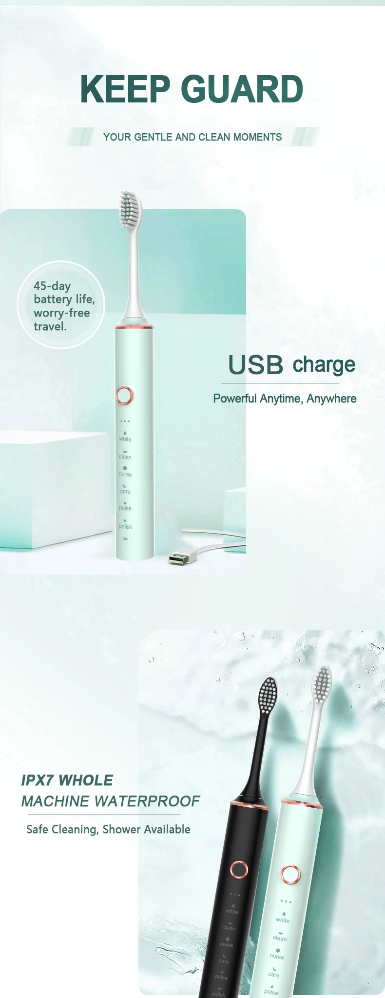 gezhou escova de dentes elétrica recarregável prova dwaterproof água sonora para crianças modo viagem escova cabeças