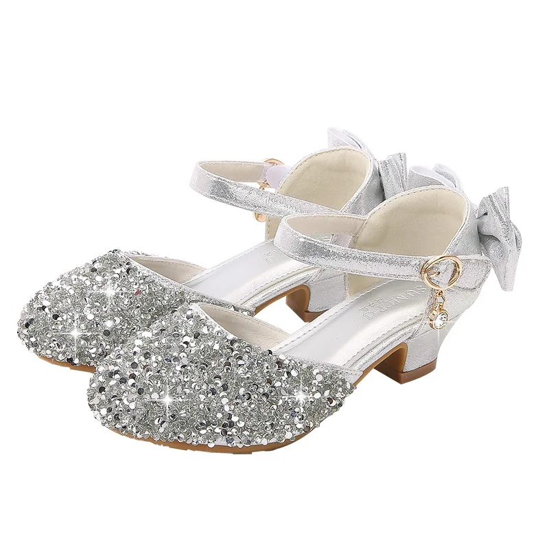 Sandals For Girl Princess Shoes Round Toe Sandals Kids Rhinestone High Heels Baby Girls School Shoe 8-12Y Child Dance Sandals