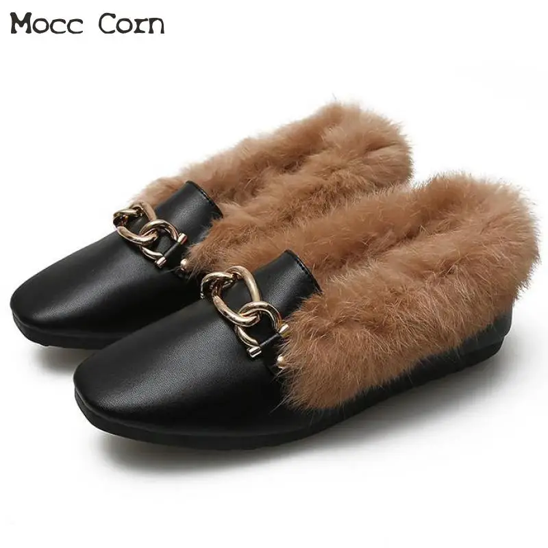 

Winter Women Flats Shoes Large Size Ankle Boots Warm Fur Plush Slip On Snow Boots Genuine Leather Wool Lady Moccasins Footwear