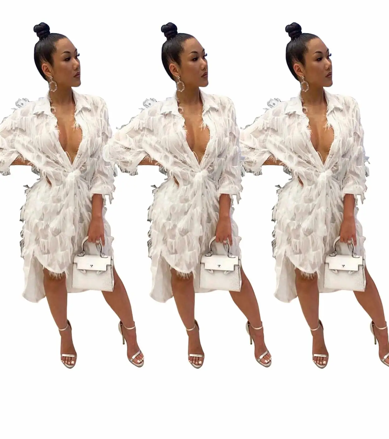 

Gorgeous White Feathers Women Party Dress Deep v Neck Three Quarter Short Front Long Back Sassy Lady Nightclub Dresses
