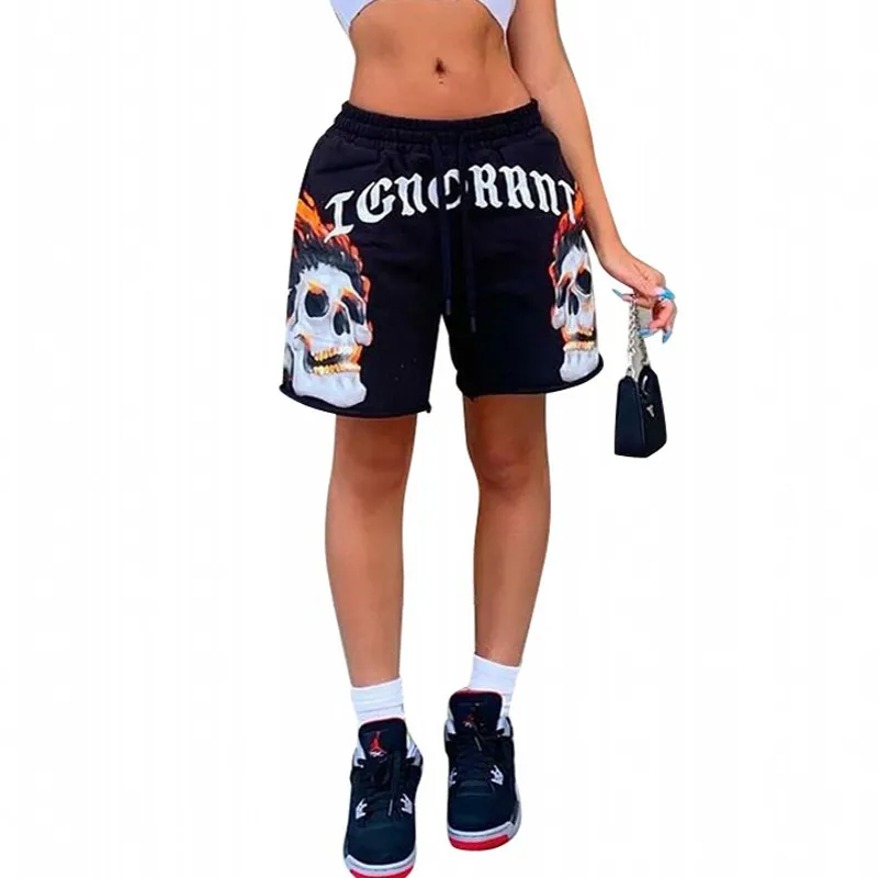 Drawstring Shorts Women Mid Waist Loose Casual Black Sweatpants Summer Fashion Skull Print Street Punk Style Hip Hop Short Pants 1