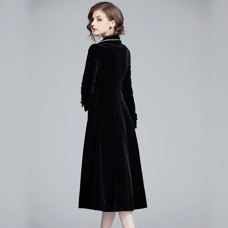 Стиль знаменитостей, двубортное бархатное пальто Casacas Para Mujer Invierno, ветровка, женское длинное черное зимнее пальто 390