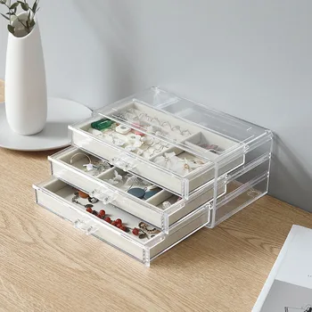 

2/3 Layer Drawer Type Jewelry Box Dresser Cosmetics Storage Holder with Transparent Cover