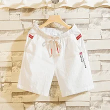 0717 Летние повседневные винтажные хлопчатобумажные шорты мужские с вышивкой пляжные ретро большие размеры хлопковые льняные шорты для мужчин с эластичной резинкой на талии