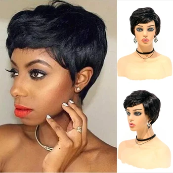 

MALAIKA Full Machine Wigs Peruvian Human Hair Natural Black Color Short Remy Curly Pixie Cut Wig Machine Made For Black Women