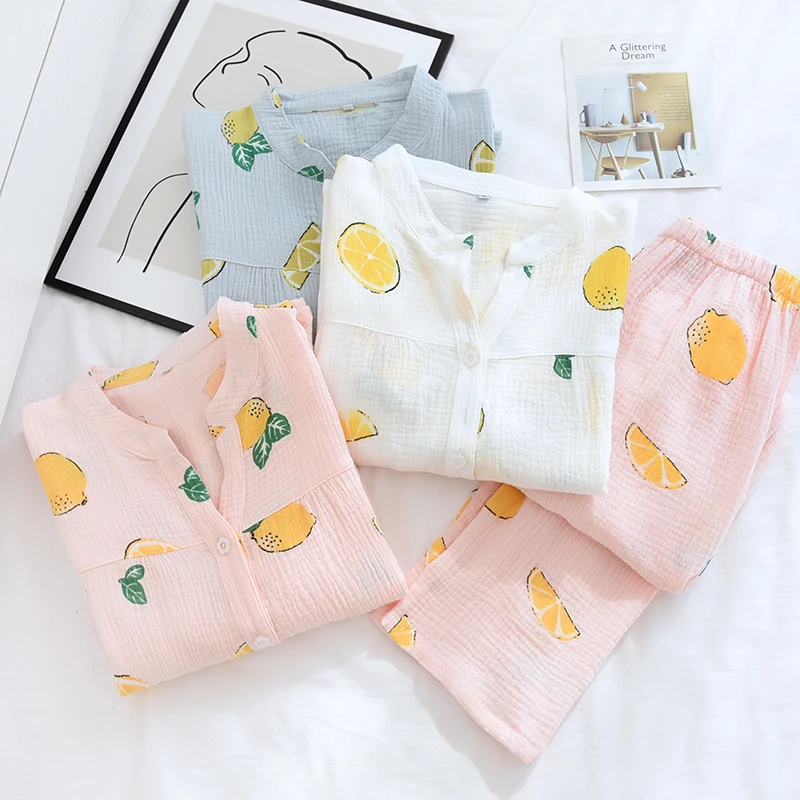 

Женская Весенняя свободная удобная мягкая Пижама с круглым вырезом, комплект брюк, дышащая пижама из крепа и хлопка, домашняя одежда, одежда для сна