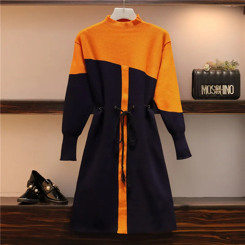 

200-odd-size Women Dress Clothing 2019 and Autumn Color-and-white-core-core-core-spun Yarn Sweaters Dress Women