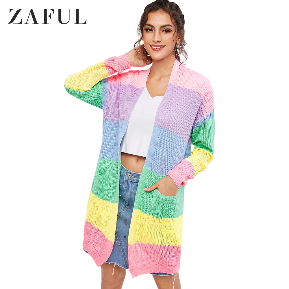 ZAFUL, открытый перед, цветной, в полоску, кардиган, пэчворк, в полоску, для женщин, без воротника, с карманами, длинные свитера, кардиганы, осень, новинка - Цвет: Multi b