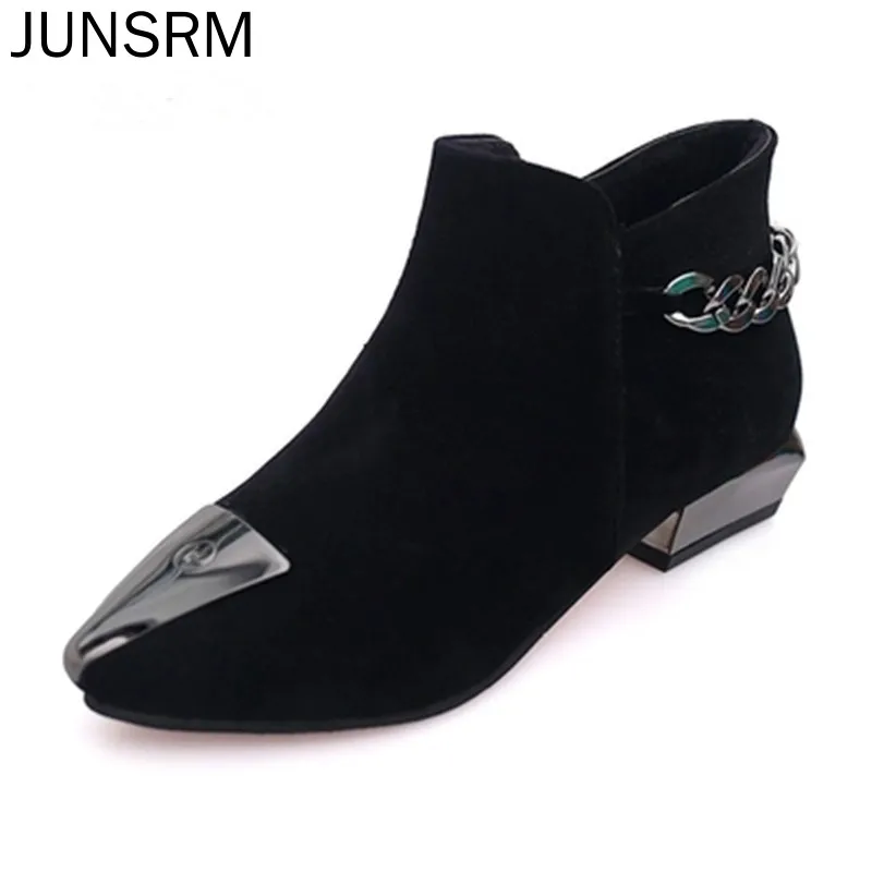 

JUNSRM Suede leather Women Ankle Boots Winter pointed toe Square Heel boots Ladies spring autumn short boots Plus Size 35-40