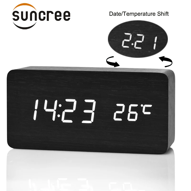 Suncree деревянный светодиодный Будильник Отображение даты + времени