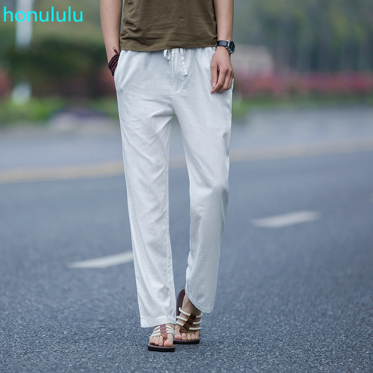 

Linen pants men's summer thin cotton linen men's pants elastic waist slacks breathable linen straight casual men's pants