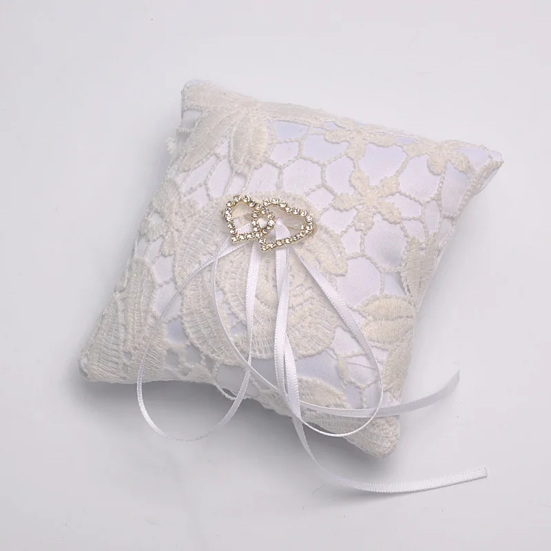 Double Heart Rhinestone White Handmade Ribbon Lace Ring Pillow Cushion for Wedding Decor Engagement Marriage Proposal Decor