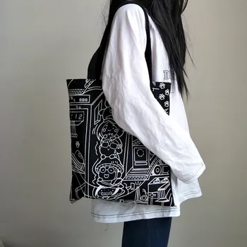 

Women Canvas Printing Art Reusable Shoulder Bags Solid Color Large Capacity Multi-purpose Handle Women Shopping Bags