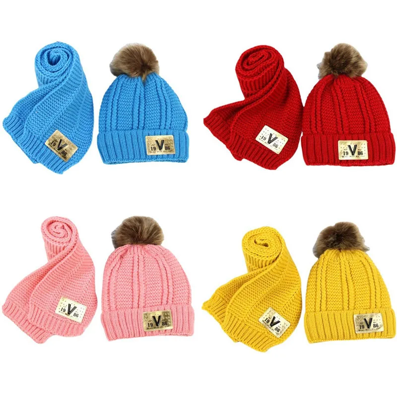 Doitbest Hairball Beanies Sets Velvet Wool Kids Knitted Fur Hats Winter 2 pcs Boys Girl Scarf Hat For 3 to 10 Years old Child