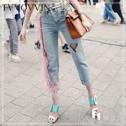 Tvvovvinin/женские джинсы в европейском стиле; сезон осень; Новинка 2019 года; повседневные женские брюки с дырками и длиной до щиколотки;