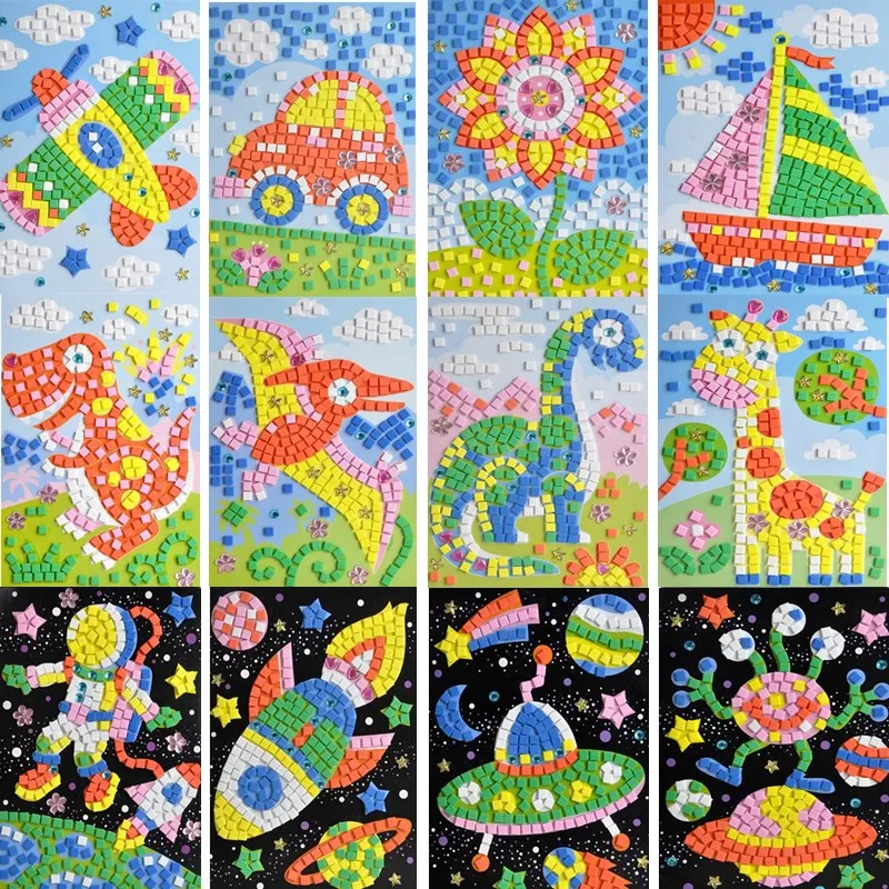 Bricolage enfants EVA mousse autocollants mosaïques Puzzle dessin jouets pour enfants dessin animé Animal trafic début éducatif Arts et artisanat (lot de 3)