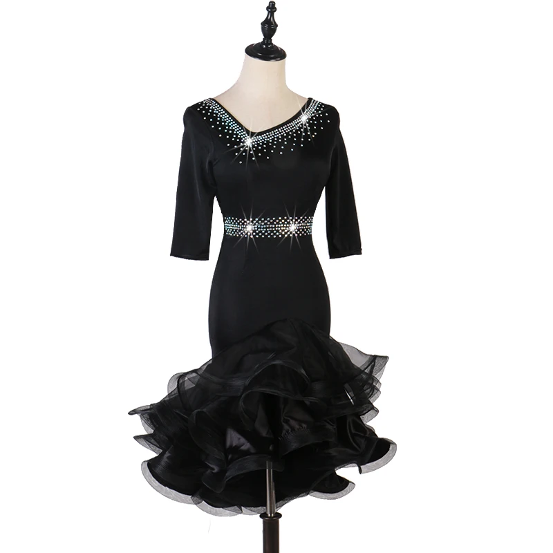 Черные привлекательные платья для латино-американских танцев женские костюмы для выступлений сальсы румбы ча танго