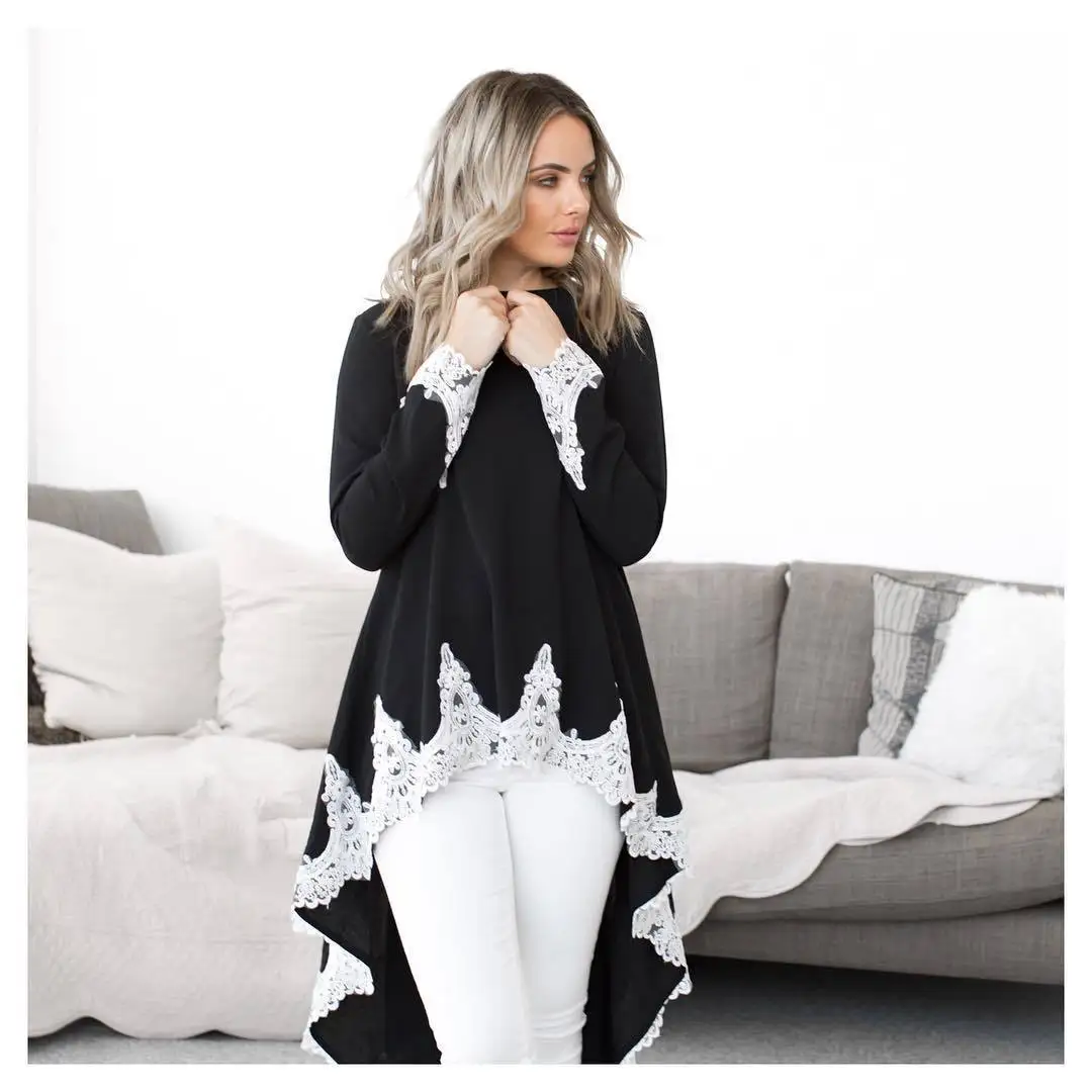 WEPBEL Fashion Long Sleeve Dubai Style Casual Muslim Dresses for Women O Neck Pullover Irregular Hem Tops Solid Color Lace Dress - Цвет: Black