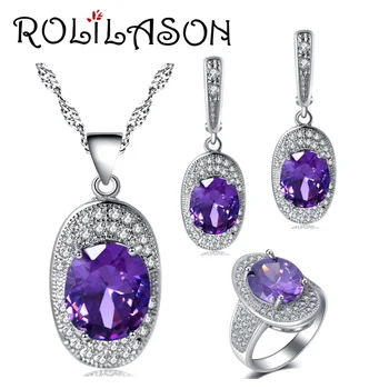

ROLILASON Silver ingots purple For women Earrings Necklace pendant Rings Jewelry Sets USA size #6#7#8#9#10 JS718