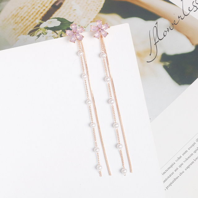 flower earrings pearl earrings Korean style tassel pendant long personality cold and versatile earrings female