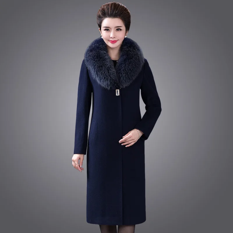 Натуральным лисьим мехом меховой воротник кашемировое пальто на зиму Для женщин Элегантная облегающая юбка большого Размеры пальто шерсть высокого качества, пальто из смесовой ткани уличная 4xl D190824