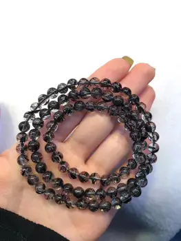 

6mm Natural Black Rutilated Quartz Crystal Women Men Bracelet 3 Laps Clear Round Beads Wealthy Stone From Brazil AAAAA