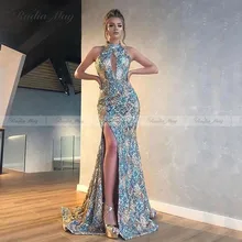 Сексуальные платья с высоким Боковым Разрезом, платья для выпускного вечера, Длинные вечерние платья с лямкой через шею, вечерние платья, Vestideos de festa, женские вечерние платья