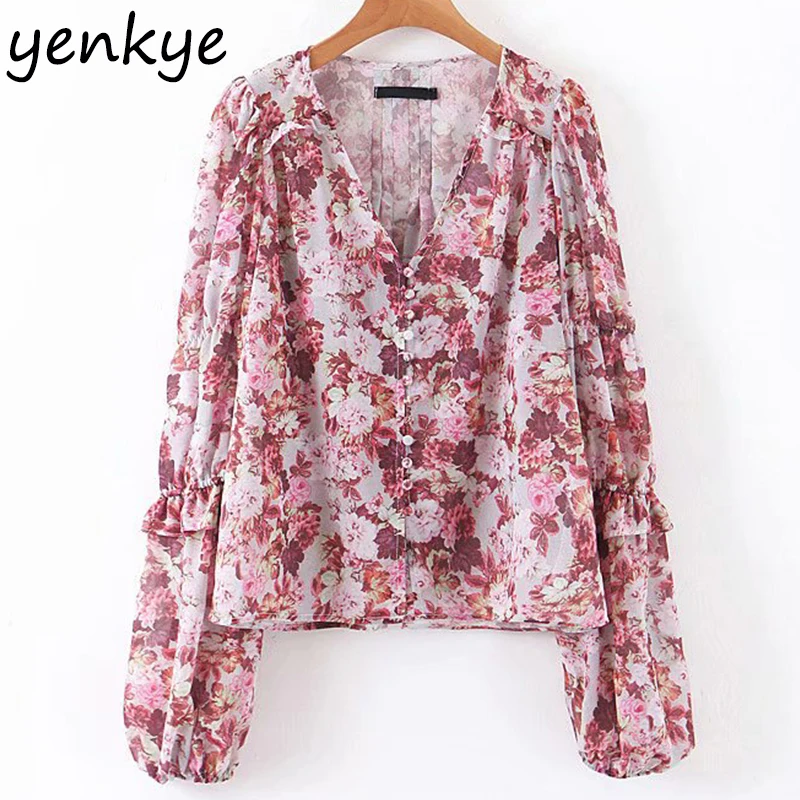 

Vintage Floral Print Chiffon Blouse Shirt Women Lantern Sleeve V Neck Plus Size Ladies Shirts Autumn Tops LJPZ9142