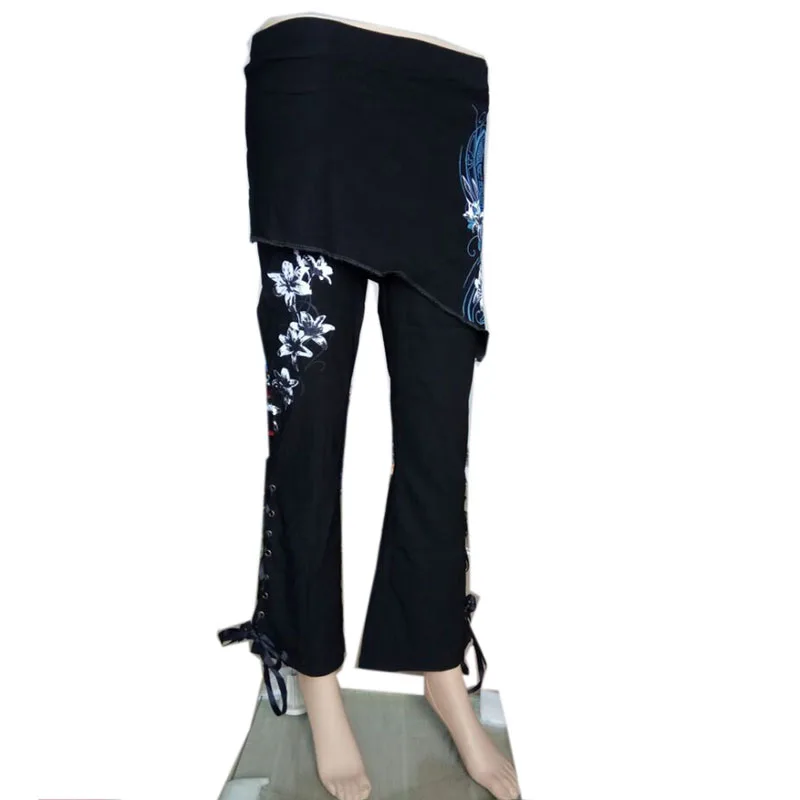 New Gothic Punk Skinny Irregular Skrit Pants Flare Trousers Women Print Floral Cotton Slim Bandage Long Flare Pants Plus Size