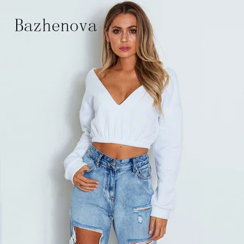 

Bazhenova Women Sexy T-shirts Autumn New Long-sleeved Solid Color V-neck Tops Girls Casual Street Style Personality T-shirt R809