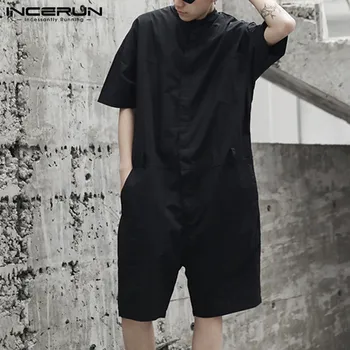 

INCERUN Rompers Mens Cargo Overalls Loose Solid Color 2020 Streetwear Punk Style Shortsleeve Playsuit Men Jumpsuit Pants S-5XL