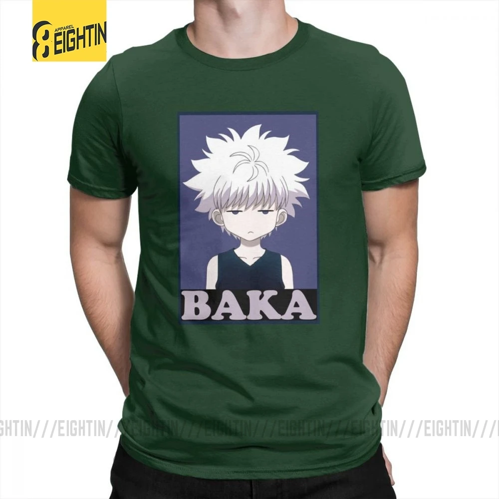 Охотник х Хантер футболки Killua Zoldyck Baka классический комикс о-образный вырез с коротким рукавом классический крой Чистый хлопок футболки мягкие мужские футболки - Цвет: Forest Green